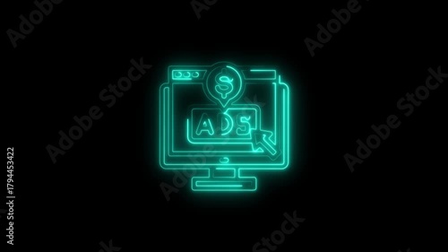 Teal neon computer screen with ads and dollar sign on black background monitor advertising