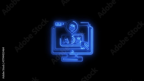 Blue neon computer screen with ads and dollar sign on black background monitor advertising