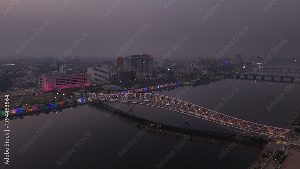 Naklejka premium Atal Bridge, Ahmedabad City, Night Aerial View, Ahmedabad, Gujarat, India.