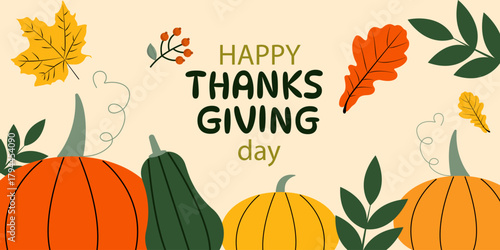 Happy Thanksgiving day banner with autumn harvest. Vector illustrations