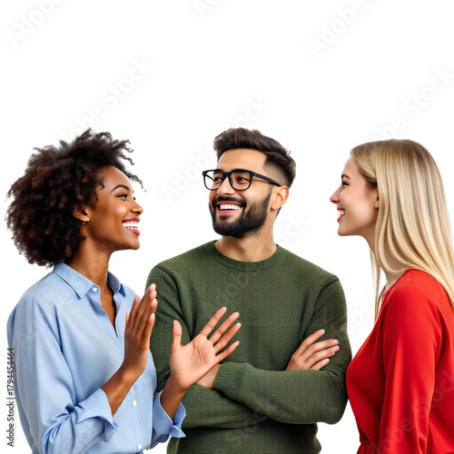 Three diverse young adults smiling and talking happy colleagues discussing ideas
