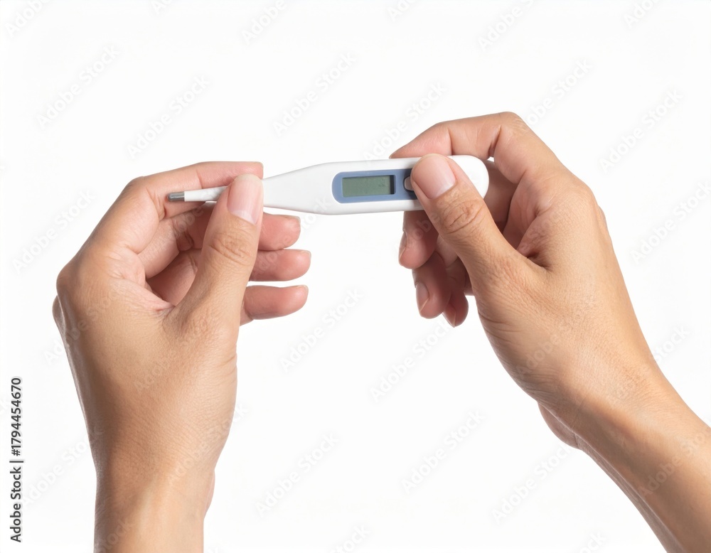 Fototapeta premium Hands holding a digital thermometer on a white background