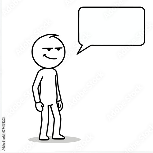 Minimalist stick figure with a sarcastic smirk and a small empty speech bubble.