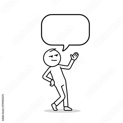 Stick figure pointing with a cynical smirk and an empty speech bubble, ideal for sarcastic commentary illustrations.