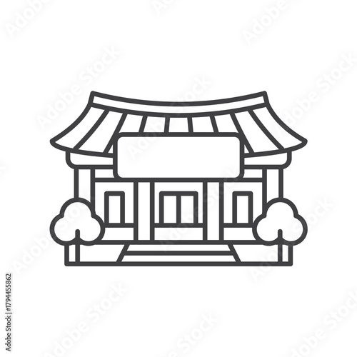 Line Art Illustration of Korean Traditional Building with Curved Roof Design