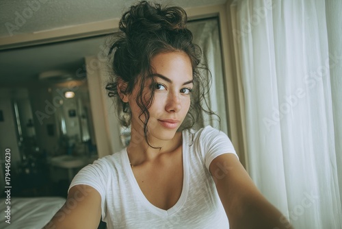 Young woman with messy bun hairstyle taking casual selfie at home near window with natural daylight