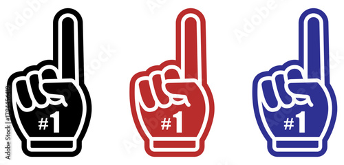 Bold foam finger hand sign showing the number one gesture for sports fans, team support, cheering, competition, and victory themes. Clean outline style suitable for sports, events, foam, finger, hand.