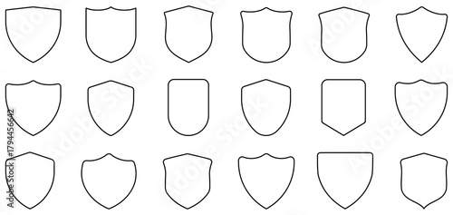 Clean shield outline set featuring multiple badge shapes ideal for security, defense, privacy, guard, and protection themes. Perfect for UI, apps, digital interfaces, shield, badge, guard, vector.
