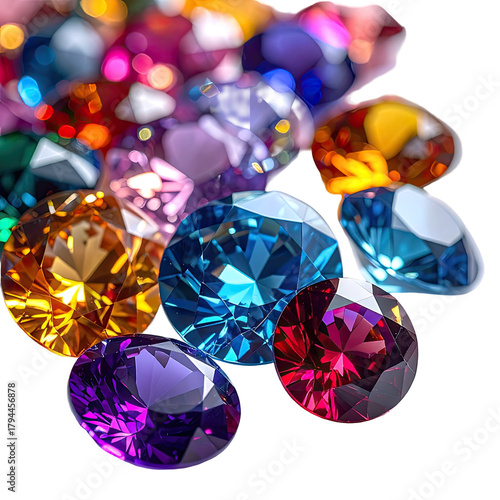 Multicolored, sparkling gems of various shapes scattered on a black backdrop