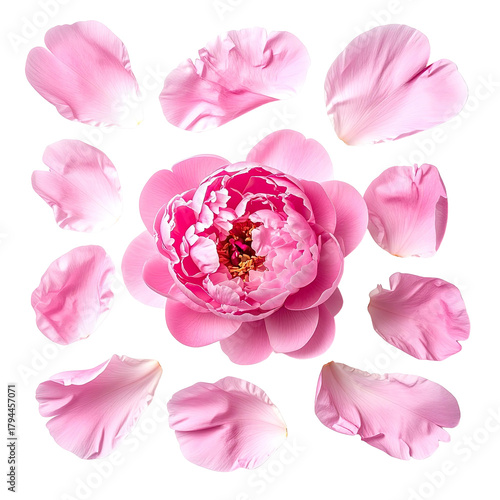Pink peony flower with surrounding petals, isolated on black backdrop