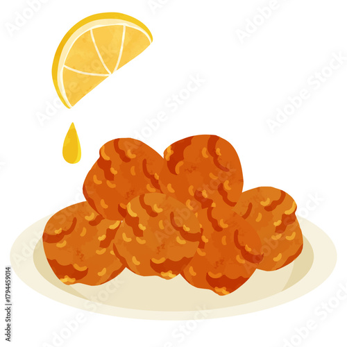 鶏の唐揚げ盛り合わせとレモンの果汁　水彩風手描きベクターイラスト