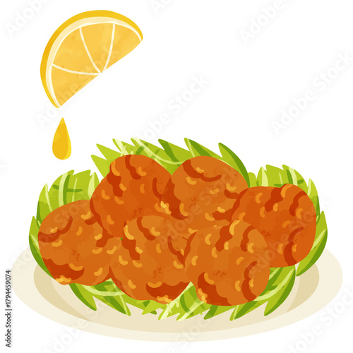 鶏の唐揚げ盛り合わせとレモンの果汁　水彩風手描きベクターイラスト