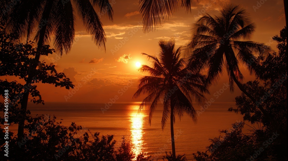 Fototapeta premium Tropical Sunset with Palm Trees and Ocean Silhouette.