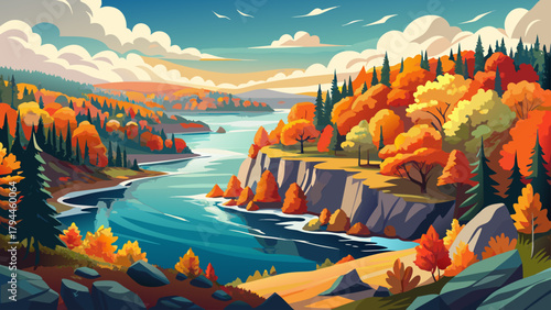 Very beautiful panoramic view of Minnesota’s North Shore of Lake Superior showcasing brilliant fall colors, featuring vibrant forests, rugged shoreline, rolling hills, and shimmering lake waters that 