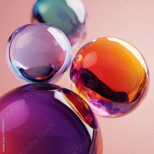 Vibrant Abstract Glass Spheres with Colorful Reflections on Pink Background
