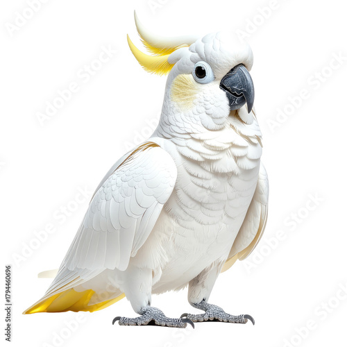 White cockatoo bird with yellow crest, posed on a black background