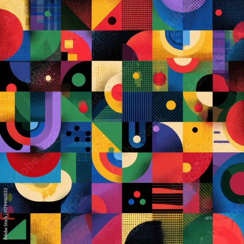 Vibrant Geometric Abstract Art with Circles, Squares, and Textures