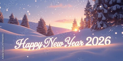 Happy new year 2026 glowing text on a snowy winter landscape