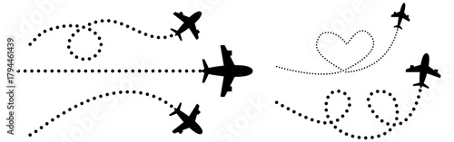 Airplane route with dotted flight path. Flying plane symbol with twisted, curved, straight and heart shape dashed trace path. Transparent png and vector silhouette of a bird, silhouette of a bird, 