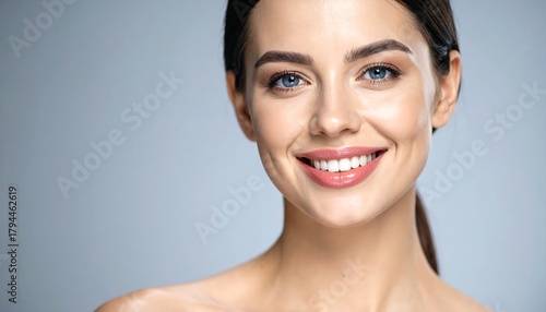Close-up of a smiling young woman with clear skin and bright eyes
