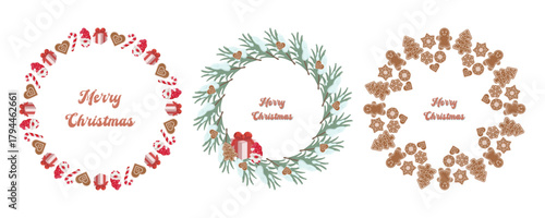 Set of three Christmas wreaths with Merry Christmas text. Each wreath features festive elements candy canes, gifts, pine branches, and gingerbread cookies in various shapes. Vector decorative design