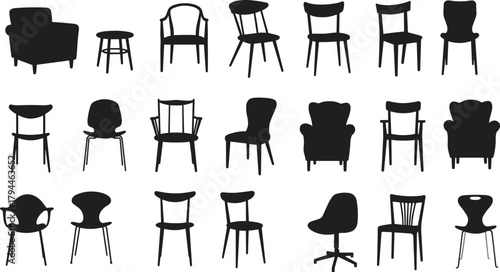 "Collection of modern chair silhouettes featuring diverse furniture designs, interior decor elements, stylish seating shapes for home, office, and contemporary spaces"