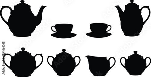 Elegant tea set silhouettes with teapots, teacups, sugar bowls and creamer, classic vintage kitchenware collection isolated black vector illustration