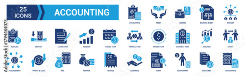 Accounting icon set. Containing financial statement, accountant, financial audit, invoice, tax calculator, business firm, tax return, income and balance sheet icons. Solid icon collection.
