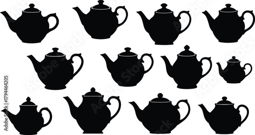 Collection of elegant black teapot silhouette designs, classic vintage kettle shapes for tea decoration, isolated vector illustration for kitchen decor