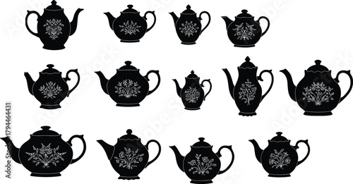 Elegant black teapot silhouettes with floral decorative patterns, vintage tea kettle collection design elements, classic kitchen decor isolated vector illustration