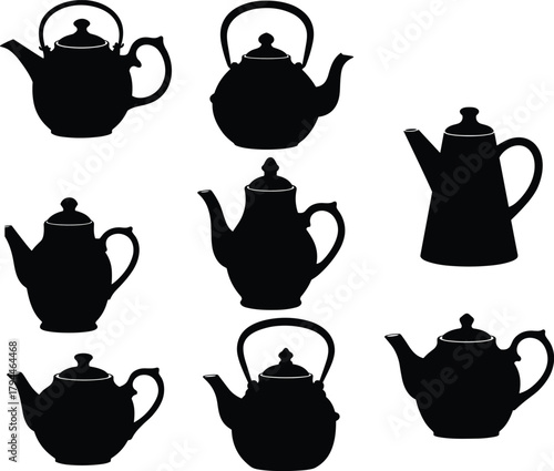 Set of vintage teapot silhouettes featuring diverse shapes, elegant handles, classic spouts and decorative designs for kitchen art, tea culture and illustration