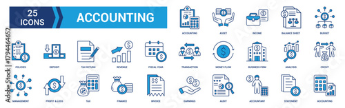 Accounting icon set. Containing financial statement, accountant, financial audit, invoice, tax calculator, business firm, tax return, income and balance sheet icons. Blue icon collection.
