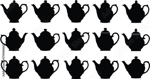 Collection of elegant vintage teapot silhouette icons featuring classic shapes and decorative designs for kitchen, tea culture, beverage art and illustration projects
