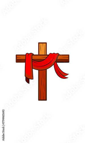 A wooden cross draped with a red cloth illustration on transparent background
