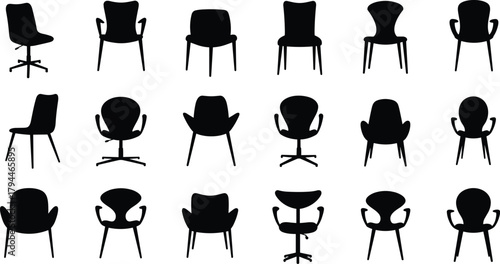 Modern minimalist black chair silhouettes collection showing various contemporary seating designs for home interior decoration, furniture catalogs, and product presentations