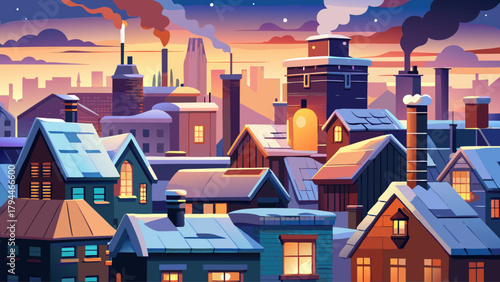 Rooftop chimneys emit warm steam into the frosty winter air, framed by a glowing twilight city background. A serene blend of urban life, cold atmosphere, and comforting warmth