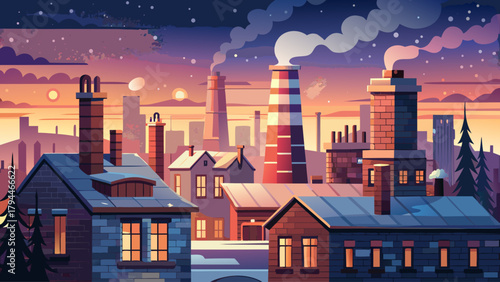 Brick chimneys release gentle trails of smoke into the cold evening air, set against a softly blurred winter skyline. A warm contrast between cozy indoor heat and quiet urban twilight