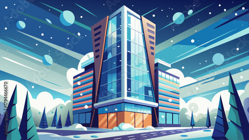 A contemporary office tower with sharp geometric lines gently softened by falling snowflakes, blending modern urban design with a peaceful winter atmosphere