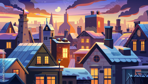 Rooftop chimneys emit warm steam into the frosty winter air, framed by a glowing twilight city background. A serene blend of urban life, cold atmosphere, and comforting warmth