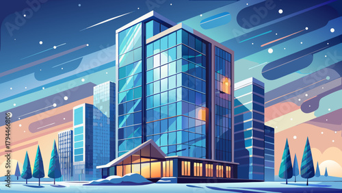 A modern glass skyscraper with reflective panels catching the winter light as soft snow drifts across the facade, creating a serene contrast between sleek architecture and the quiet calm of snowfall