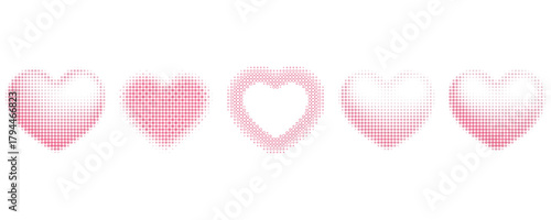 Set of different shaped hearts with halftone effect. Monochrome, pop art style dotted hearts, isolated on white background. Vector illustration