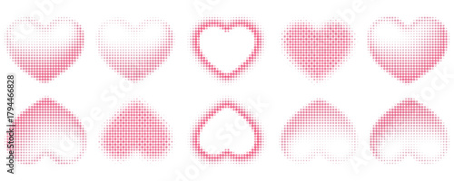 Set of different shaped hearts with halftone effect. Monochrome, pop art style dotted hearts, isolated on white background. Vector illustration
