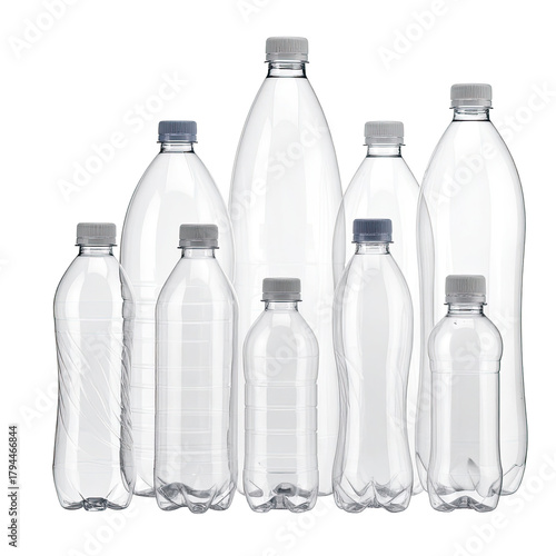 Assortment of clear plastic water bottles with gray caps on black