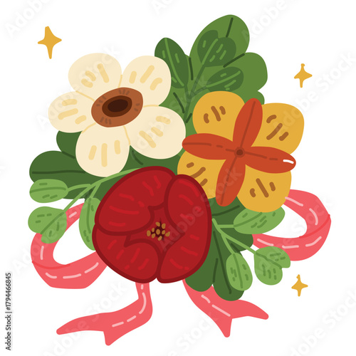 red and yellow flowers with leaves, bouquet flower with ribbon illustration for decoration, sticker or greeting card