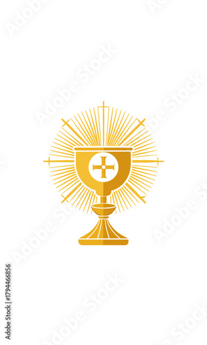 Golden chalice with cross and radiating light lines on transparent background