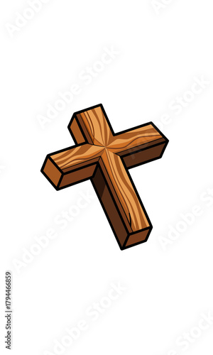 Illustration of a wooden cross with black outline on transparent background