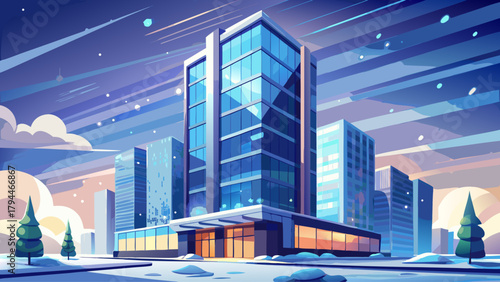 A modern glass skyscraper with reflective panels catching the winter light as soft snow drifts across the facade, creating a serene contrast between sleek architecture and the quiet calm of snowfall