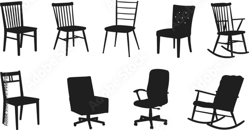Silhouette collection of various modern chairs including dining chairs, office chairs, and rocking chairs on white background for furniture design use
