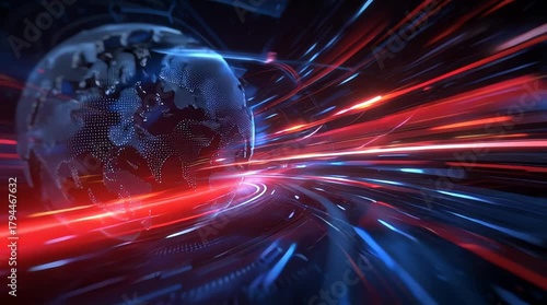 Breaking news concept with a globe surrounded by dynamic red and blue streaks of light, suitable for themes of global connectivity and rapid data transfer in a dark background with a