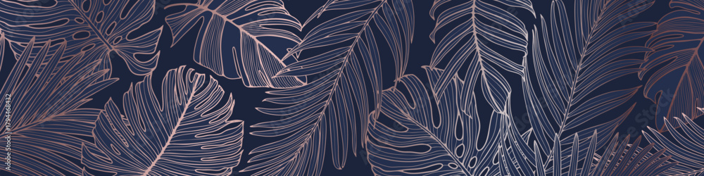 Fototapeta premium Palm leaves, rose gold marble template, artistic covers design, modern tropical backgrounds. Luxury vector illustration